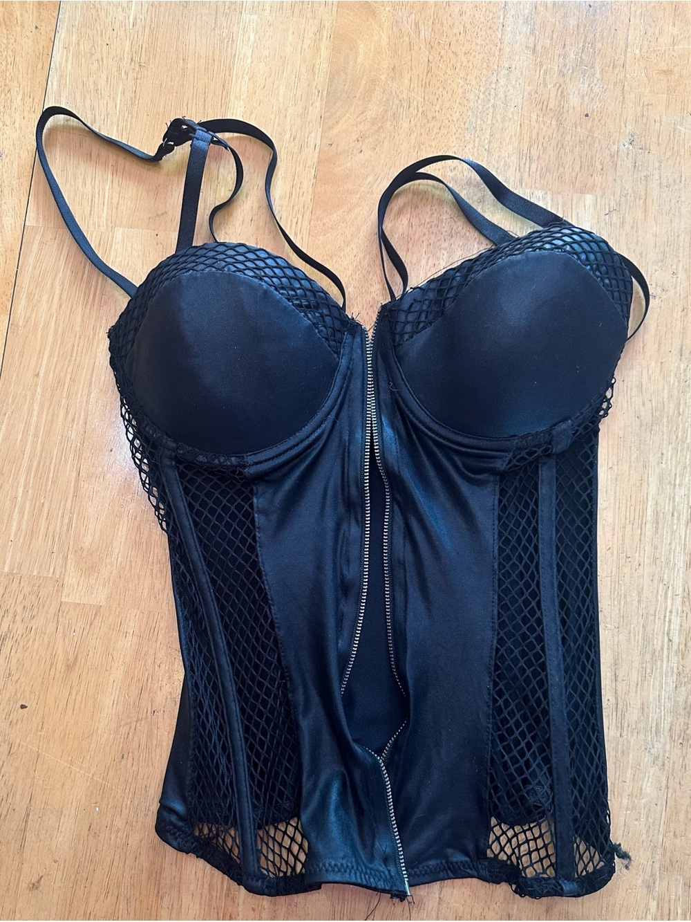 Black Mesh Underwire Bustier Top with Front Zipper